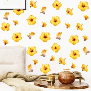 Close-up of yellow hibiscus wall decals showing vibrant colors and waterproof PVC texture