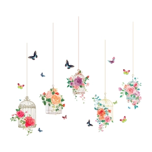 Floral birdcage wall stickers with colorful butterflies for living room home wall decor
