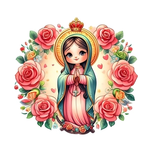 Cartoon Our Lady of Guadalupe wall sticker with pink roses and golden halo decoration