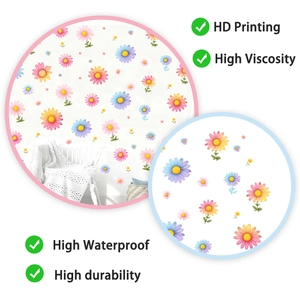 Detail showing HD printing and waterproof features of colorful floral wall stickers