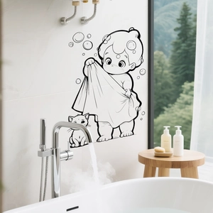 Cartoon boy and cat wall sticker for bathroom tile decoration with bubbles