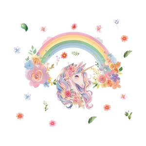 Watercolor unicorn and rainbow wall sticker for kids room decoration with floral elements