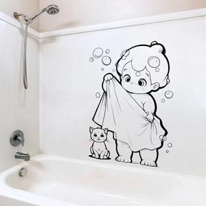 Cute boy and cat cartoon wall sticker for bathroom decor with black minimalist line art