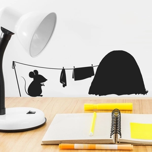 Detail of black cartoon mouse hole wall sticker with laundry line for home decoration