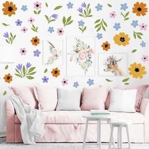 Detailed close-up of floral wall stickers featuring colorful flowers and green leaves