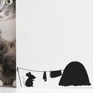 Creative black mouse hole wall sticker with a cat peeking at a silhouette mouse laundry scene