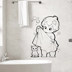 Waterproof bathroom wall decal featuring a boy and cat on white ceramic tiles