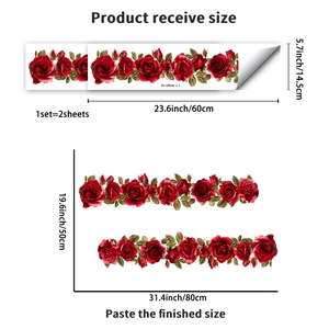 Detail view of red rose wall decal set showing dimensions for receive size and final layout