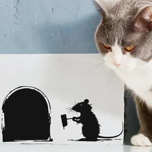 Creative black mouse hole wall sticker with cat interaction for home decoration