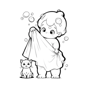 Cartoon boy and cat wall sticker for bathroom decor with cute soap bubbles design