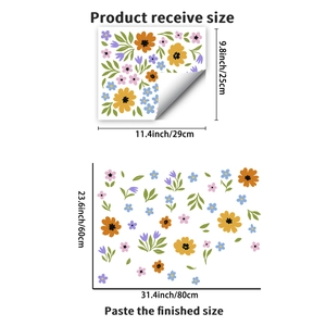 Detailed size chart for floral wall stickers showing compact and finished dimensions