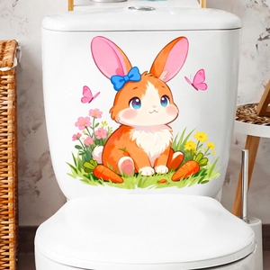 Cute cartoon rabbit with butterflies and flowers waterproof PVC bathroom toilet wall decal