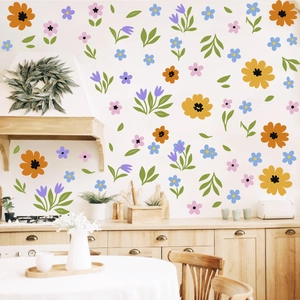 Colorful floral wall stickers for home decor featuring various flowers on white wall
