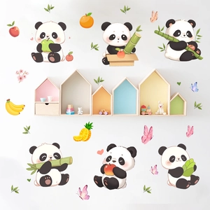 Detail of cute panda wall stickers set featuring bamboo and fruits for kids room decor