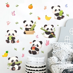 Cartoon panda wall decals with bamboo and fruit elements for children room home decoration
