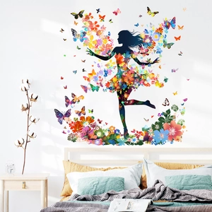 Dreamy Flower Butterfly Girl Silhouette Wall Sticker Self Adhesive PVC Art Mural For Living Room Bedroom Home Decoration