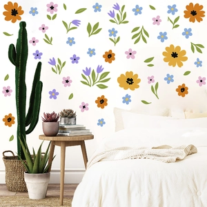 Floral wall stickers set with colorful flowers and green leaves for bedroom home decoration