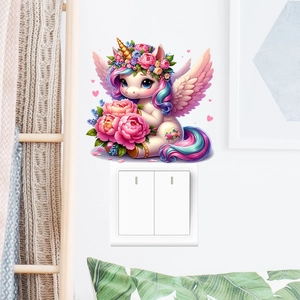 Cartoon unicorn wall sticker with pink flowers and rainbow tail for kids room decoration