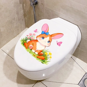 Close-up of cute cartoon rabbit with pink flowers waterproof wall sticker on white toilet lid