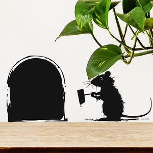 Creative black mouse hole silhouette wall sticker featuring a small mouse with a brush