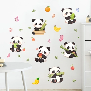 Cartoon panda and bamboo wall stickers set for living room and kids bedroom decoration