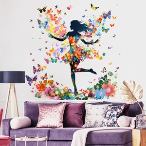 Artistic wall sticker featuring a floral butterfly elf girl silhouette for living room decor