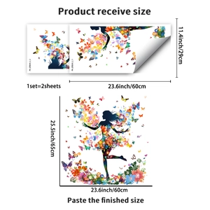 Detailed wall sticker layout showing dimensions for butterfly and floral girl silhouettes