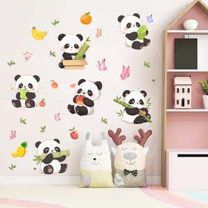 Panda and bamboo wall stickers set for kids room decor with colorful fruit patterns