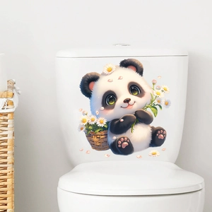 Cute Cartoon Panda Daisy Flower Toilet Sticker Waterproof PVC Self Adhesive Wall Decal For Bathroom Home Decoration