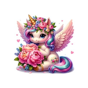 Cute cartoon unicorn wall sticker with pink wings and floral crown for kids room decor