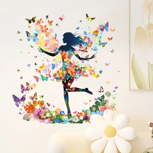 Floral butterfly girl silhouette wall sticker for creative home living room decor