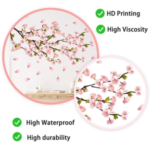 Detail of high-definition floral wall sticker with pink peach blossoms and high viscosity