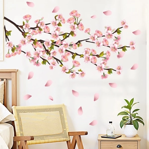 Pink peach blossom wall stickers for living room decor with floral branches and petals