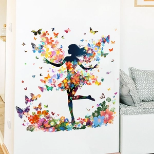Creative wall sticker featuring a floral butterfly girl silhouette for bedroom decor