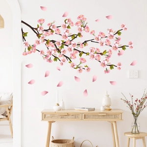 Elegant pink cherry blossom wall decal for living room background wall decoration