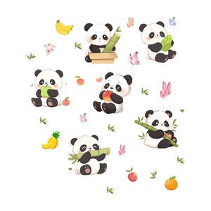 Cute panda wall stickers with bamboo and fruit patterns for kids room decoration