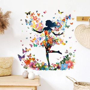 Detailed wall sticker showing a colorful flower girl silhouette with flying butterflies decor