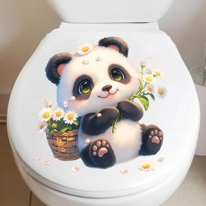 Cute cartoon panda with sunflower waterproof PVC toilet seat lid wall sticker decal