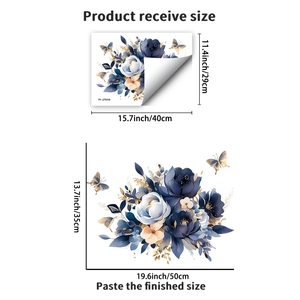 Detailed view of blue peony wall stickers with sheet and finished application dimensions