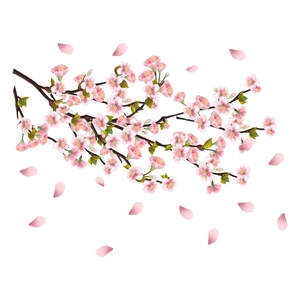 Self-adhesive cherry blossom wall decal with pink petals and brown tree branch