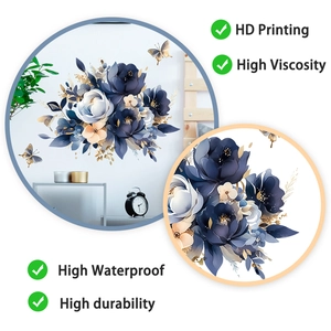 Detail showing blue and orange floral wall decals with HD printing and waterproof texture