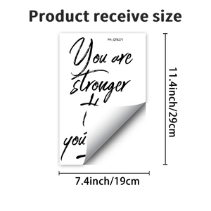 Macro detail of 'You are stronger than you think' vinyl wall sticker with dimensions info