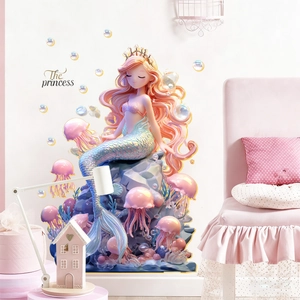 Cartoon Mermaid Undersea World Wall Sticker For Kids Room Bedroom PVC Waterproof 3D Effect Jellyfish Bubbles Princess Wall Decal Home Decor