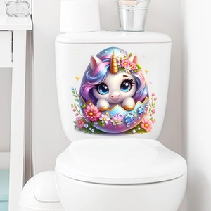 Adesivo per Gabinetto in PVC con Unicorno Cartone Animato in Uovo Floreale Impermeabile Autoadesivo Arredo Bagno