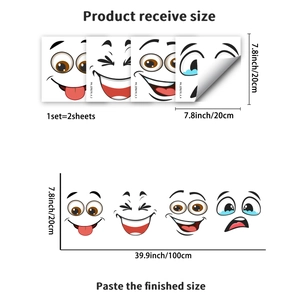 Detail guide showing dimensions of funny waste bin stickers set with two cartoon sheets