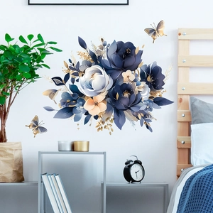 Detailed blue flower wall decals with gold leaves and butterfly accents on bedroom wall