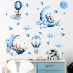 Cartoon blue moon and bear wall sticker set for kids room nursery decoration