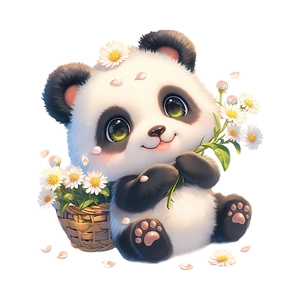 Cute panda wall sticker with white daisies and flower basket for bathroom decor