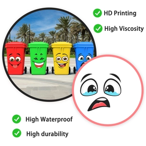 Close-up of waterproof cartoon face stickers for trash bin sorting and decoration