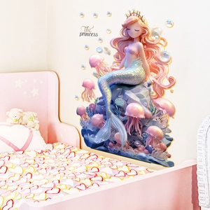 Cartoon mermaid wall decal with pink jellyfish for kids room and nursery wall decor